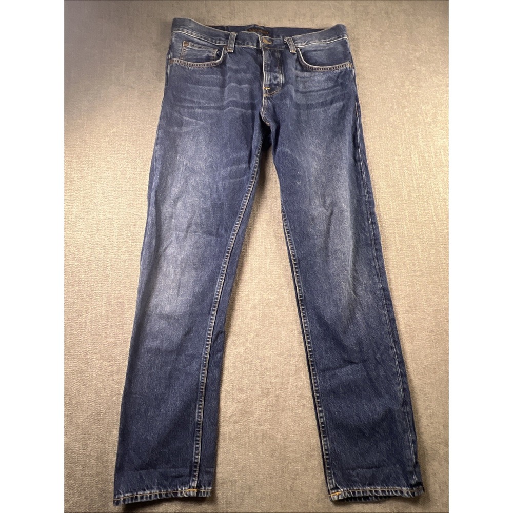 Nudie Jeans Steady Eddie II Men's 34x32 Blue Button Fly Straight Preppy Selvage